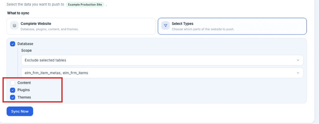Plugins and themes selected with tables excluded