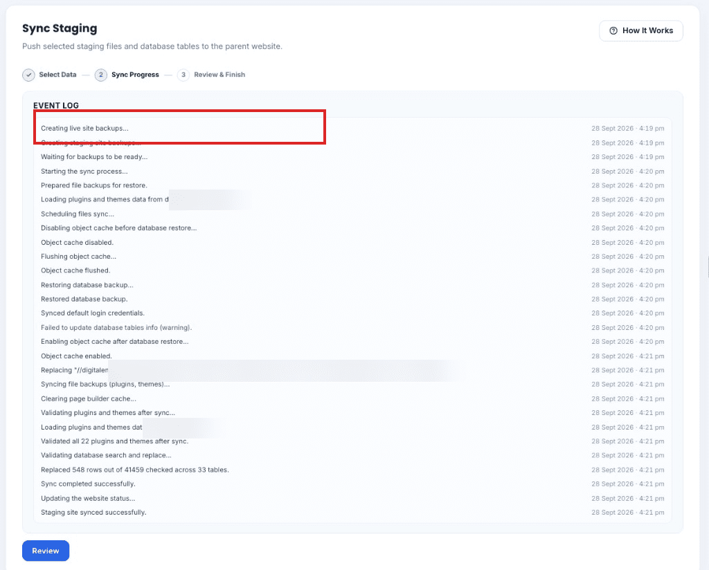 Sync Progress backs up both websites first