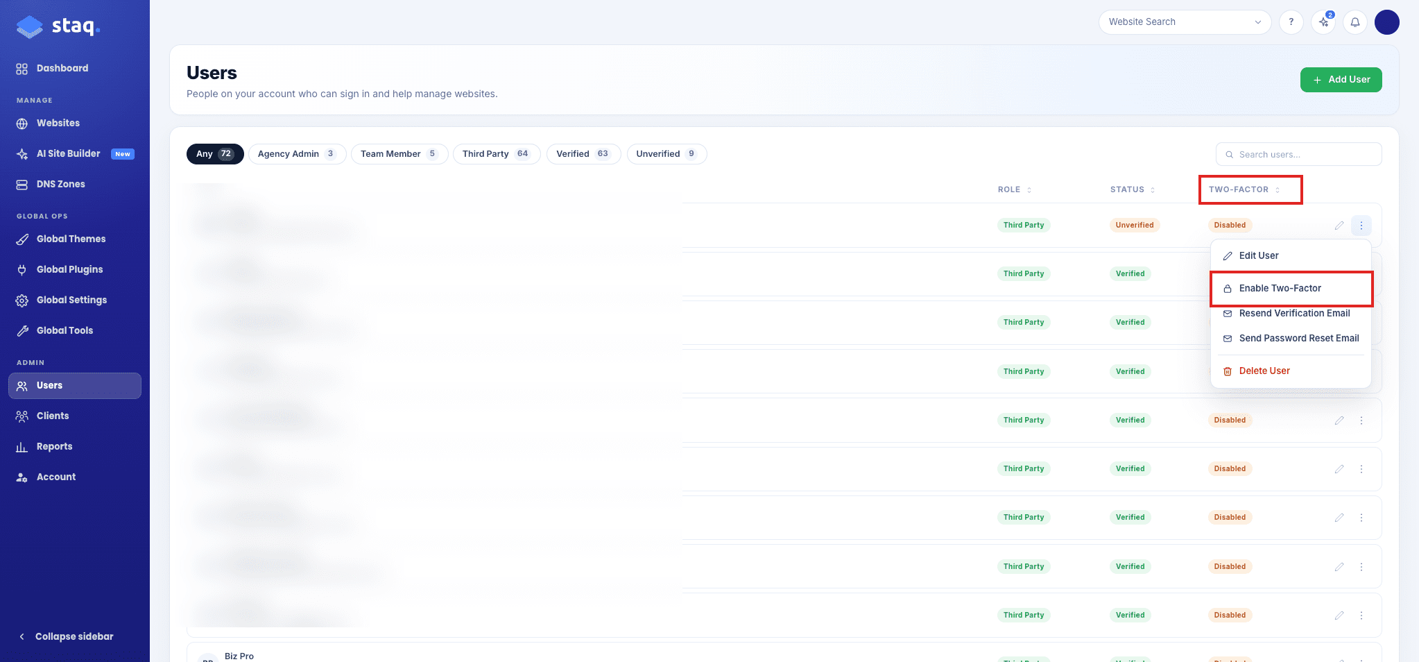 Enable Two-Factor in the Users row Actions menu