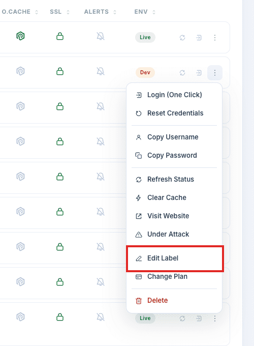 Edit Label in the Websites row Actions menu