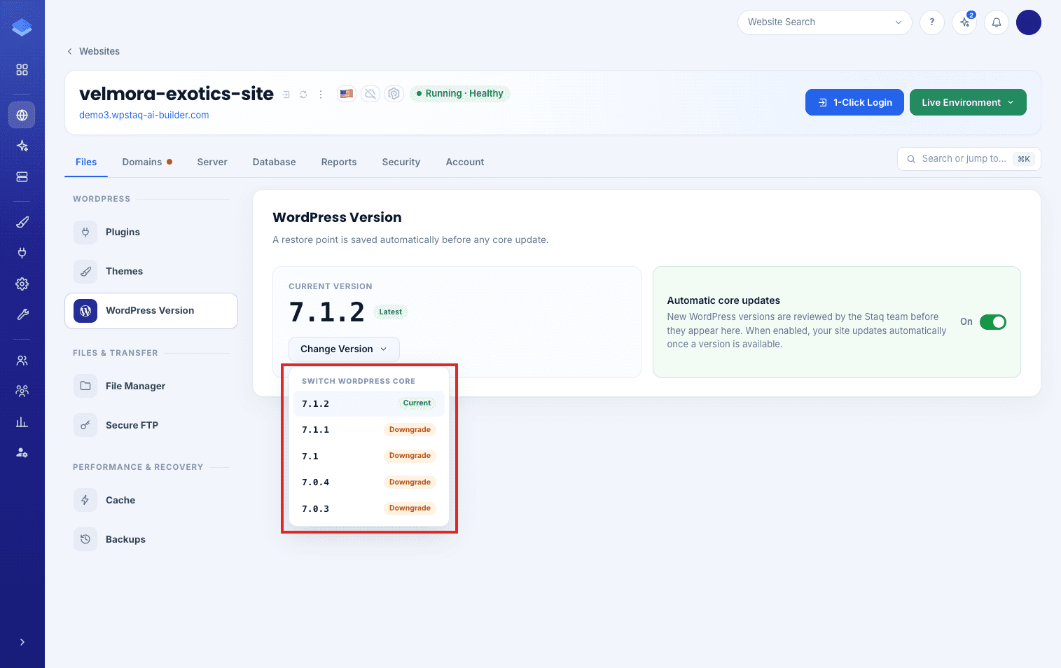 Change Version menu on WordPress Version