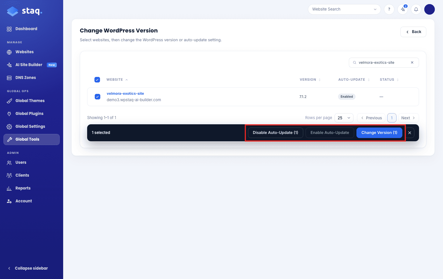 Disable Auto-Update, Enable Auto-Update, and Change Version in Global Tools