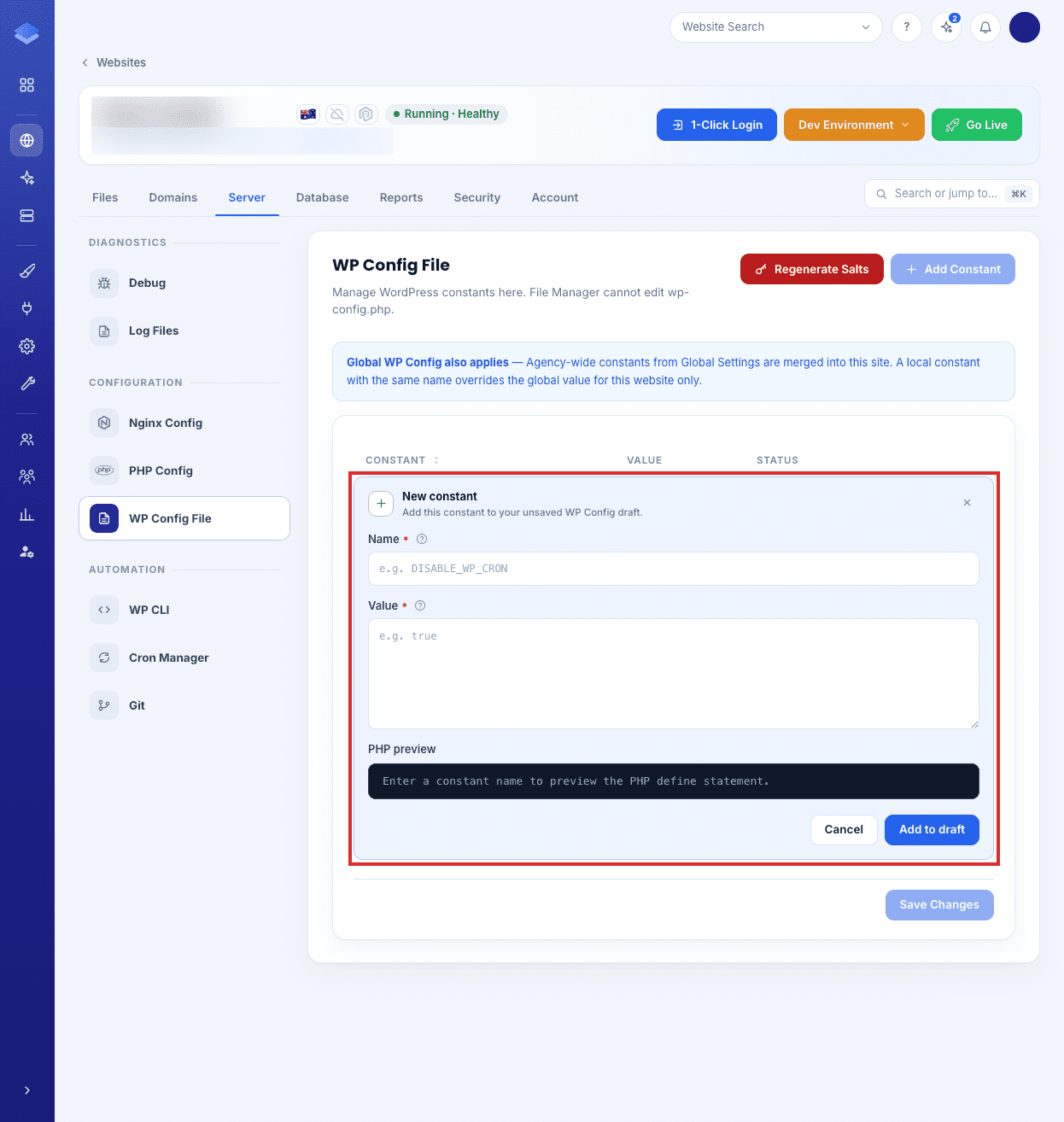 Add Constant editor showing name, value, and PHP preview fields
