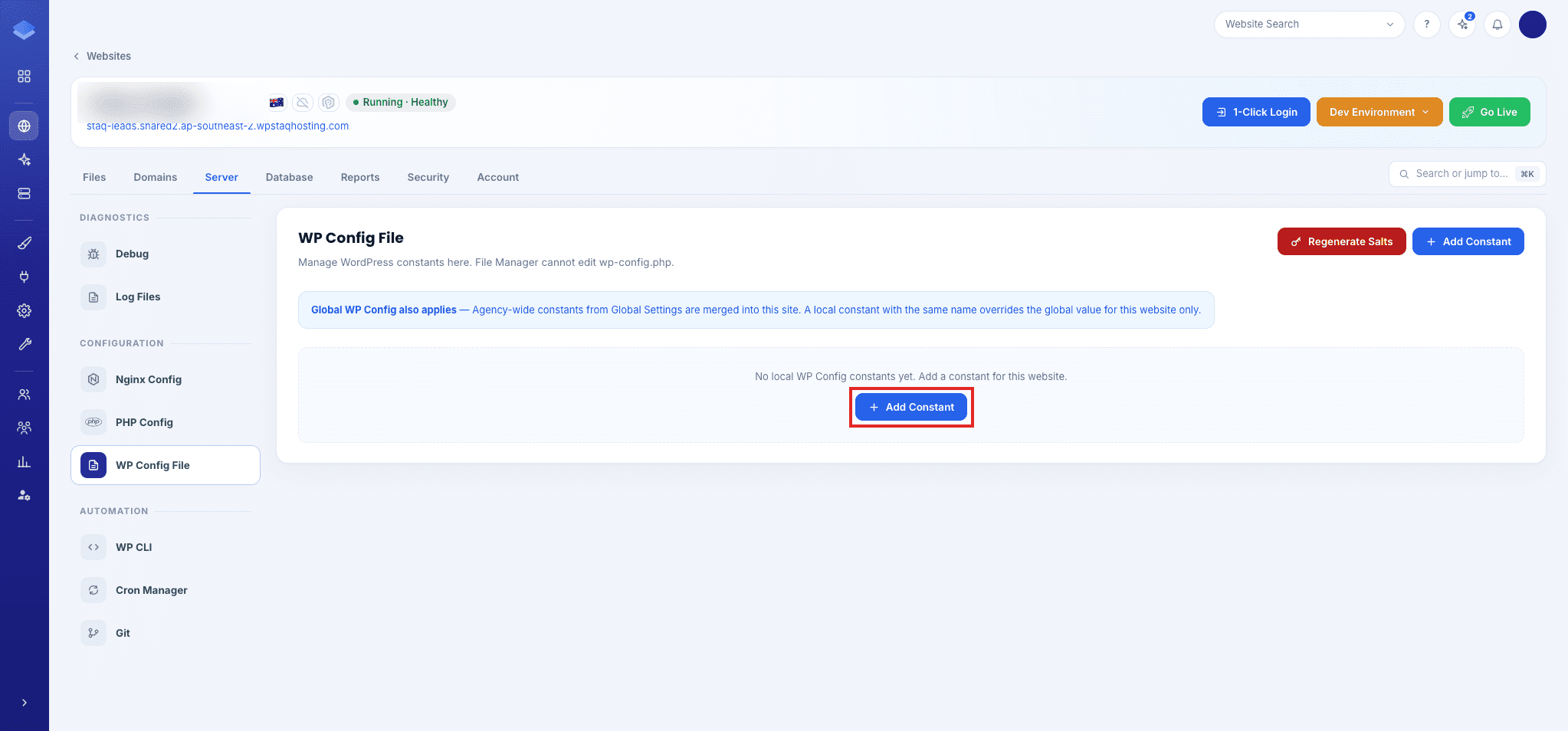 WP Config File page showing Add Constant button