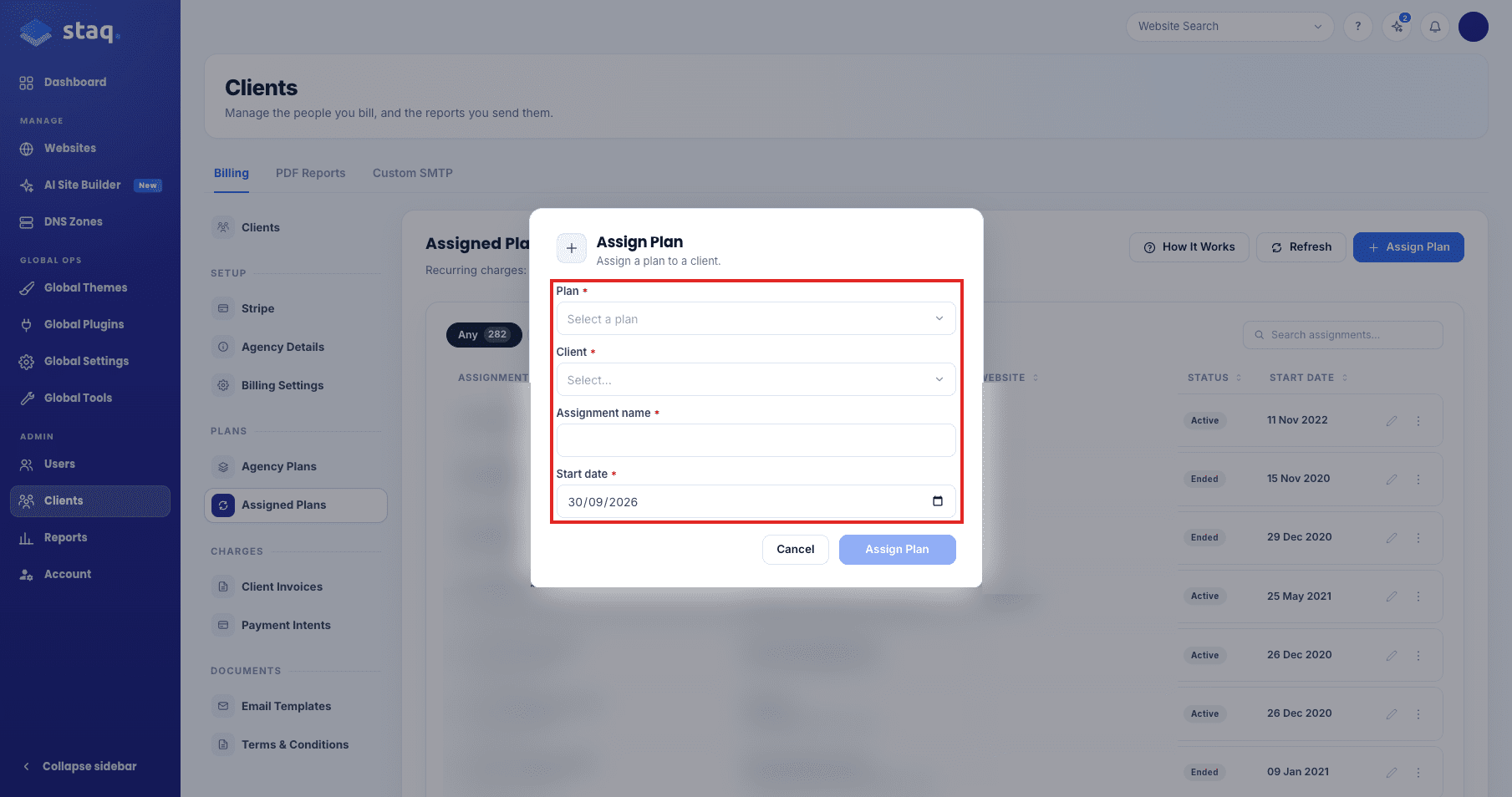 Plan, Client, Assignment name, and Start date on Assign Plan