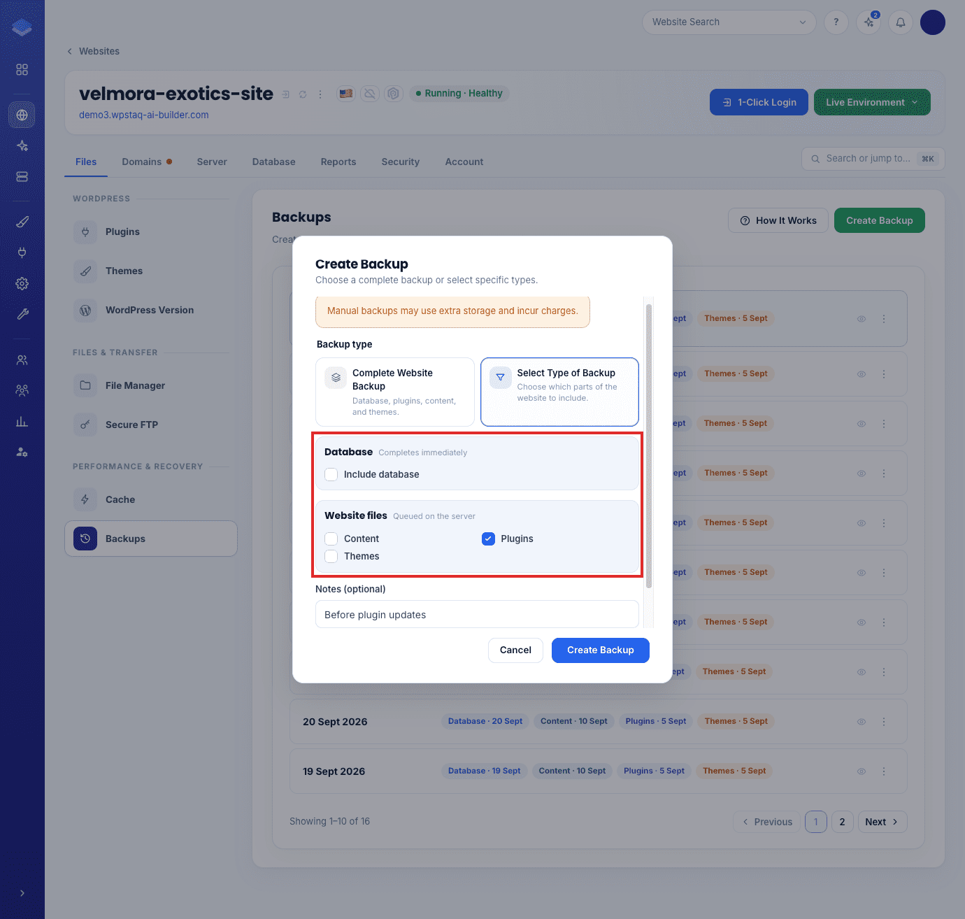 Database and Website files choices