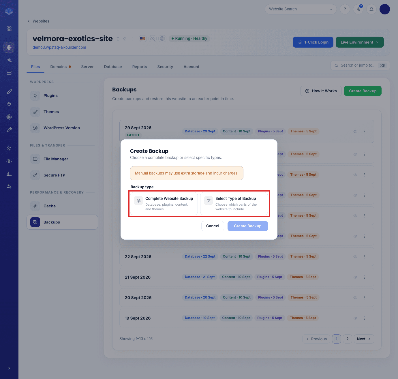 Complete Website Backup or Select Type of Backup