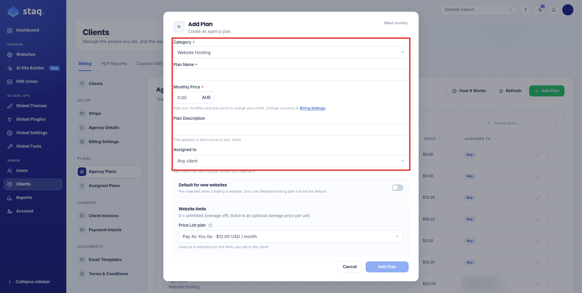 Category, Plan Name, Monthly Price, and Assigned to in Add Plan