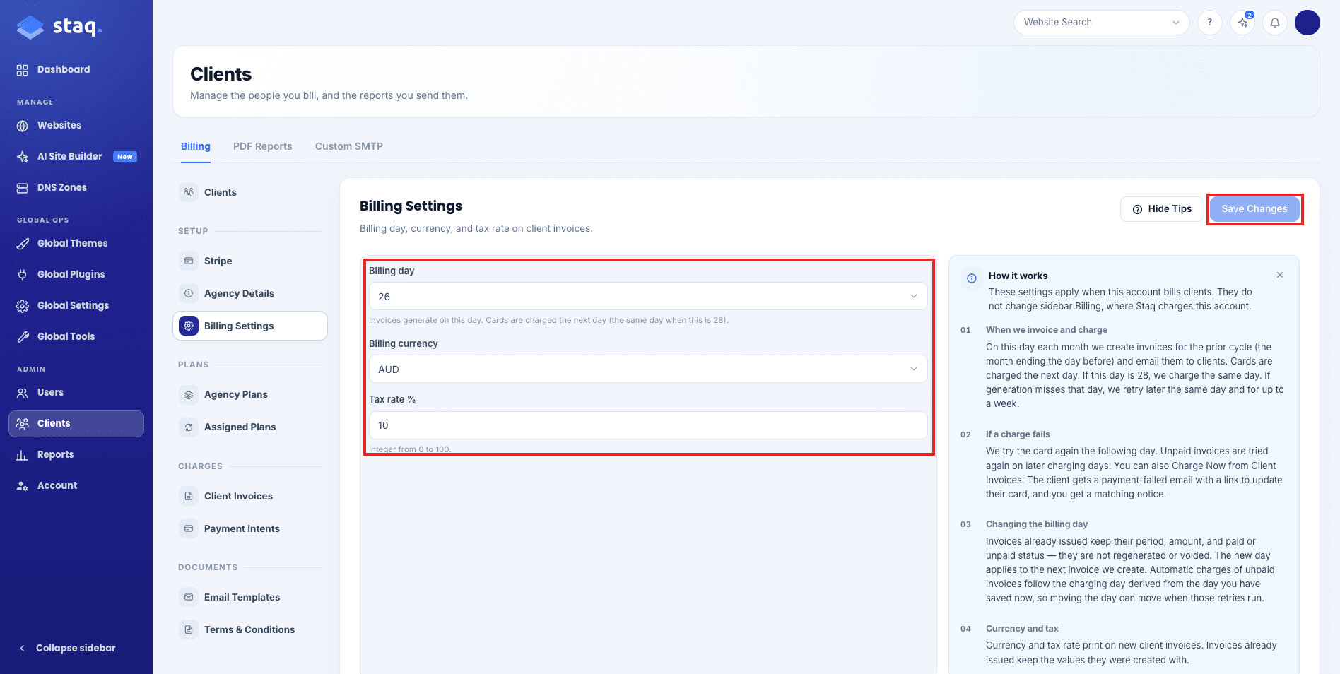 Billing day, Billing currency, and Tax rate on Billing Settings