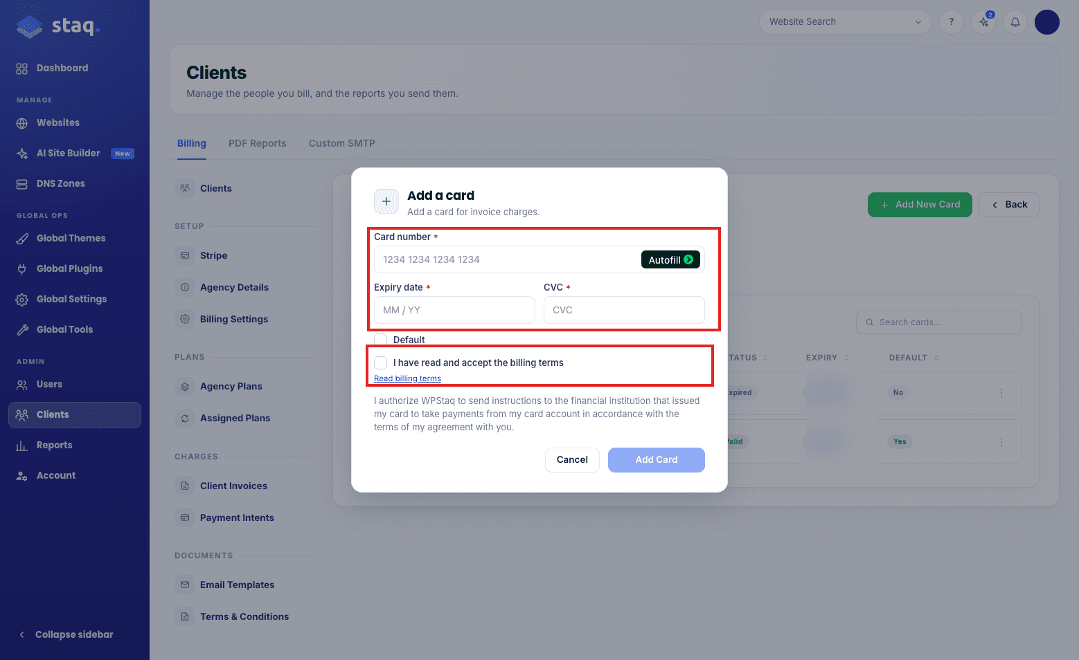Add a card for a client