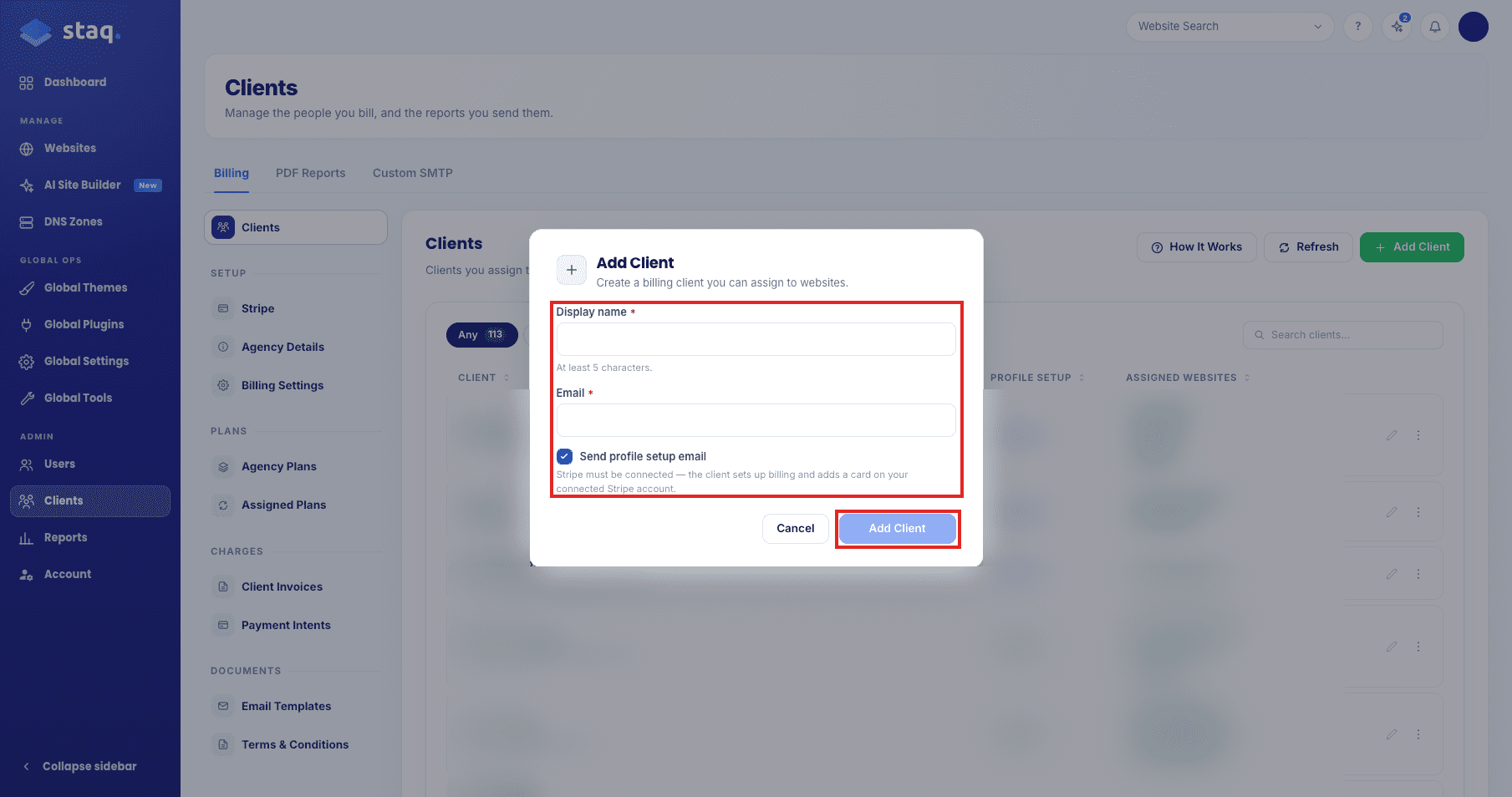 Display name, Email, and Send profile setup email on Add Client