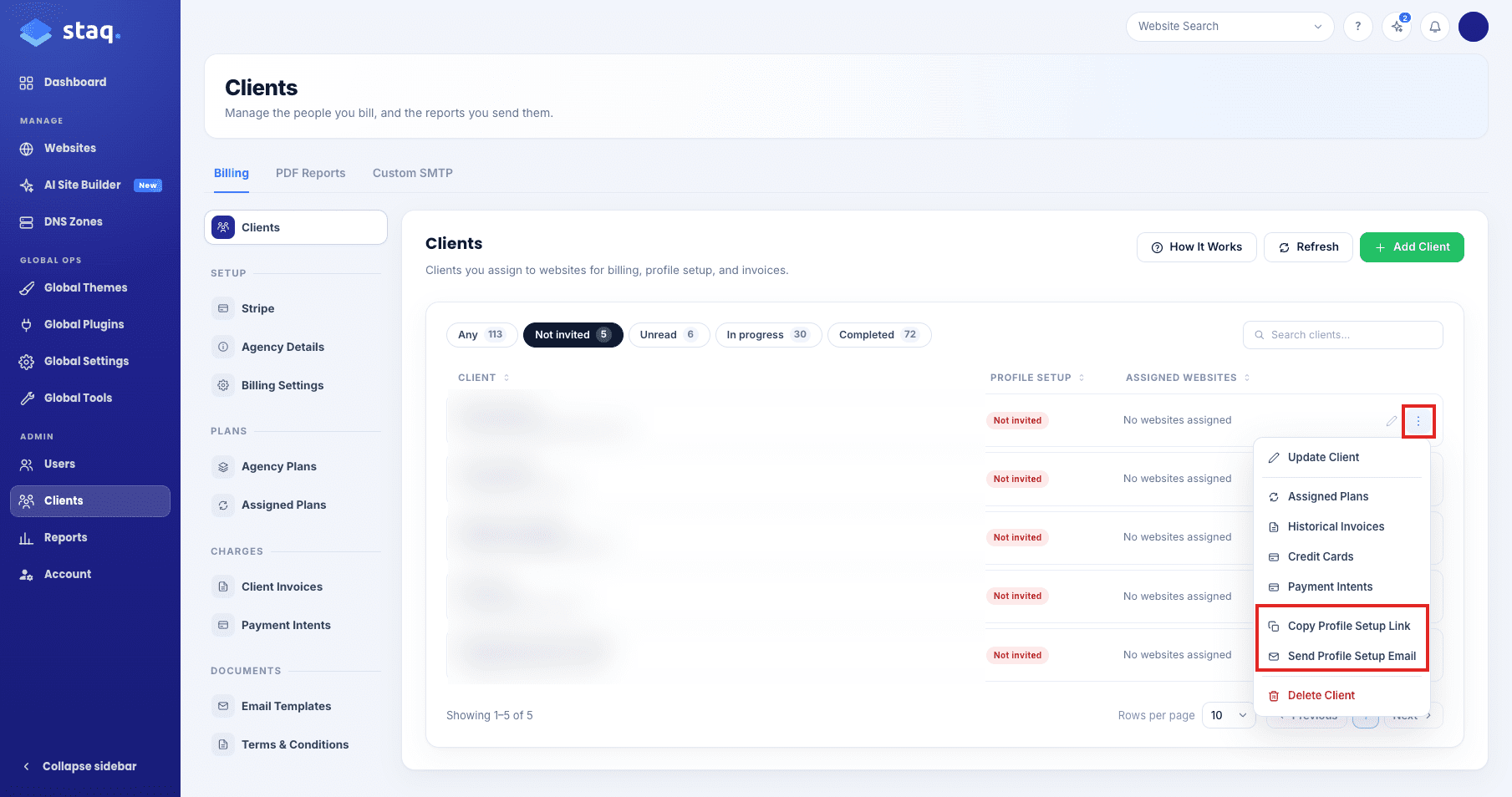Copy Profile Setup Link and Send Profile Setup Email in the row menu