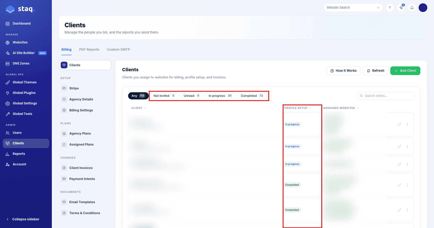 Profile setup statuses on the Clients page