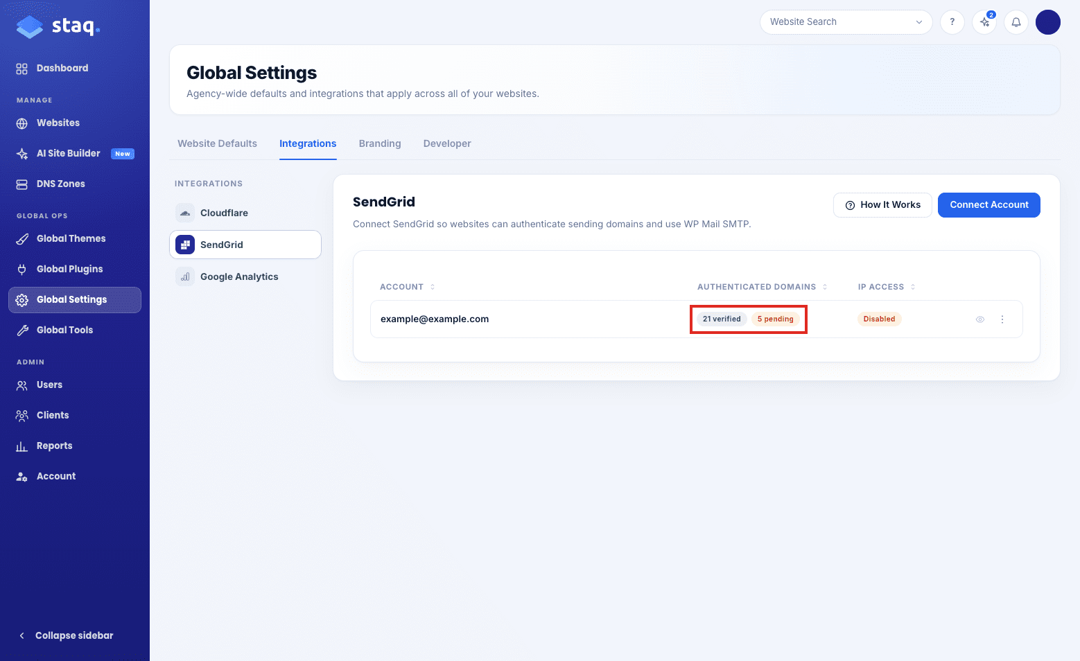 Verified and pending SendGrid domains