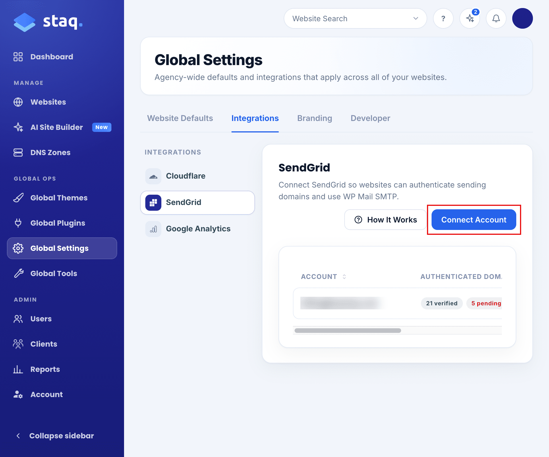 Connect Account on SendGrid in Global Settings