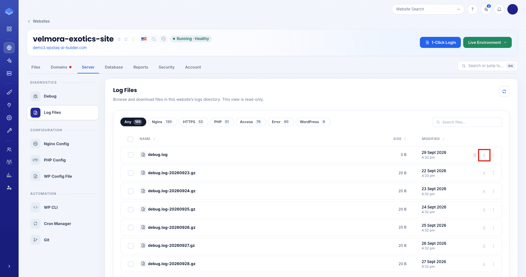 Download icon on a log file row
