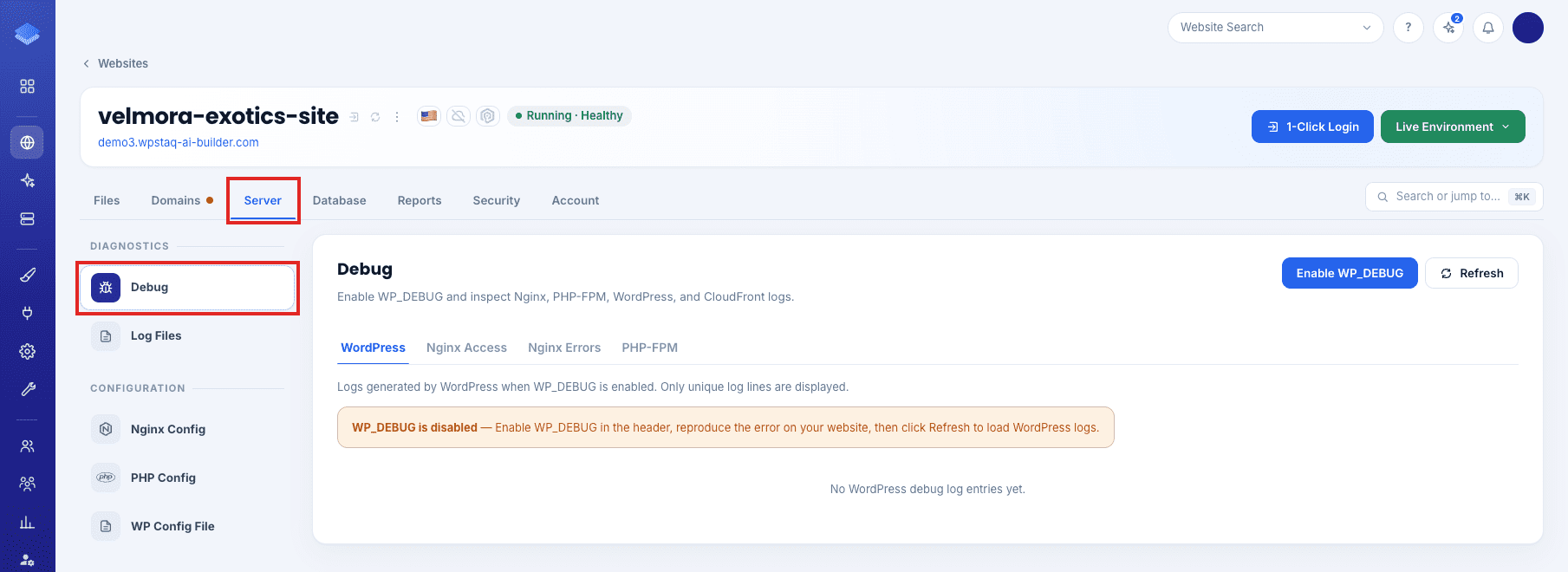 Server tab and Debug in the Diagnostics menu