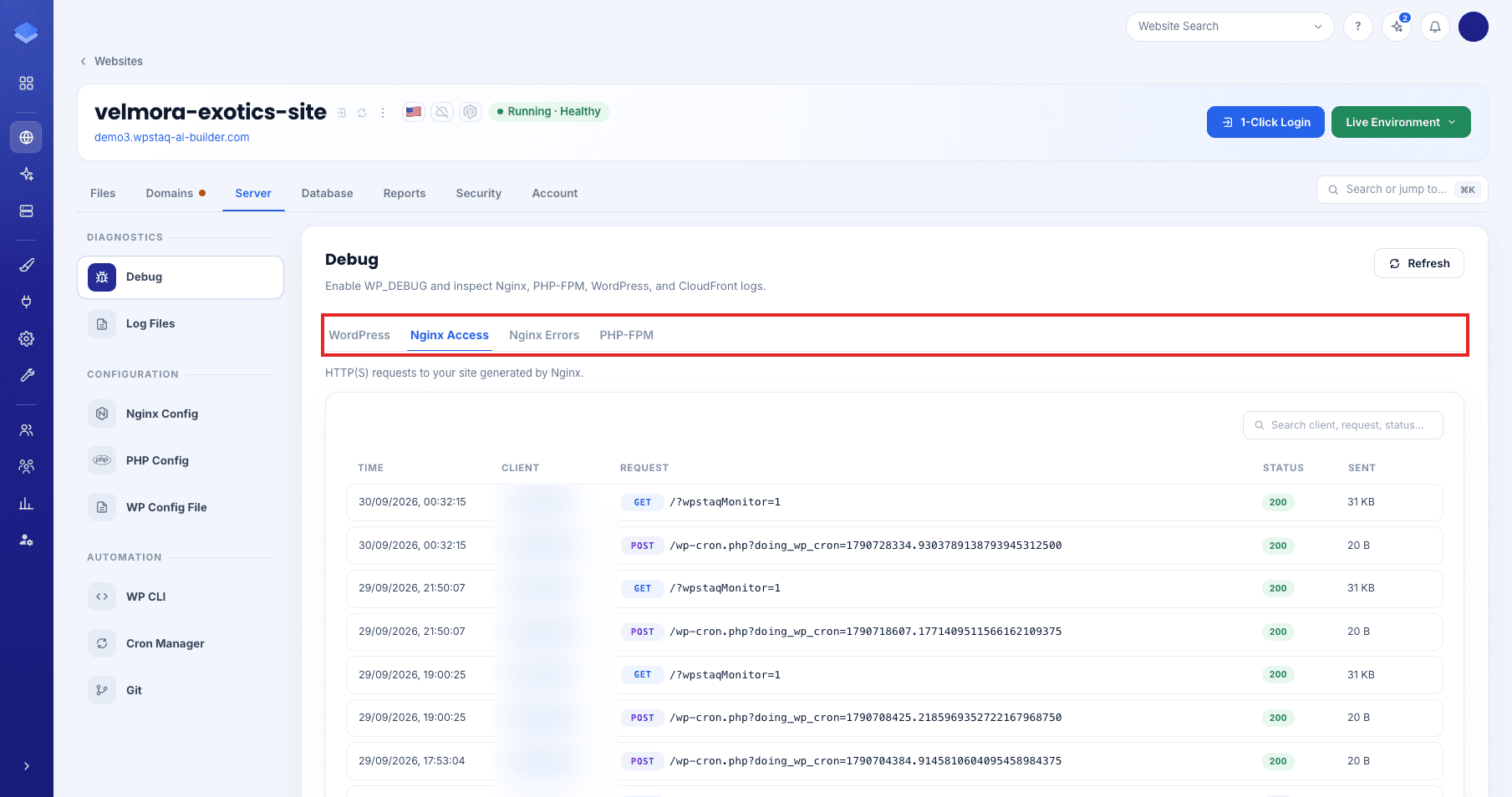 Log tabs on the Debug page