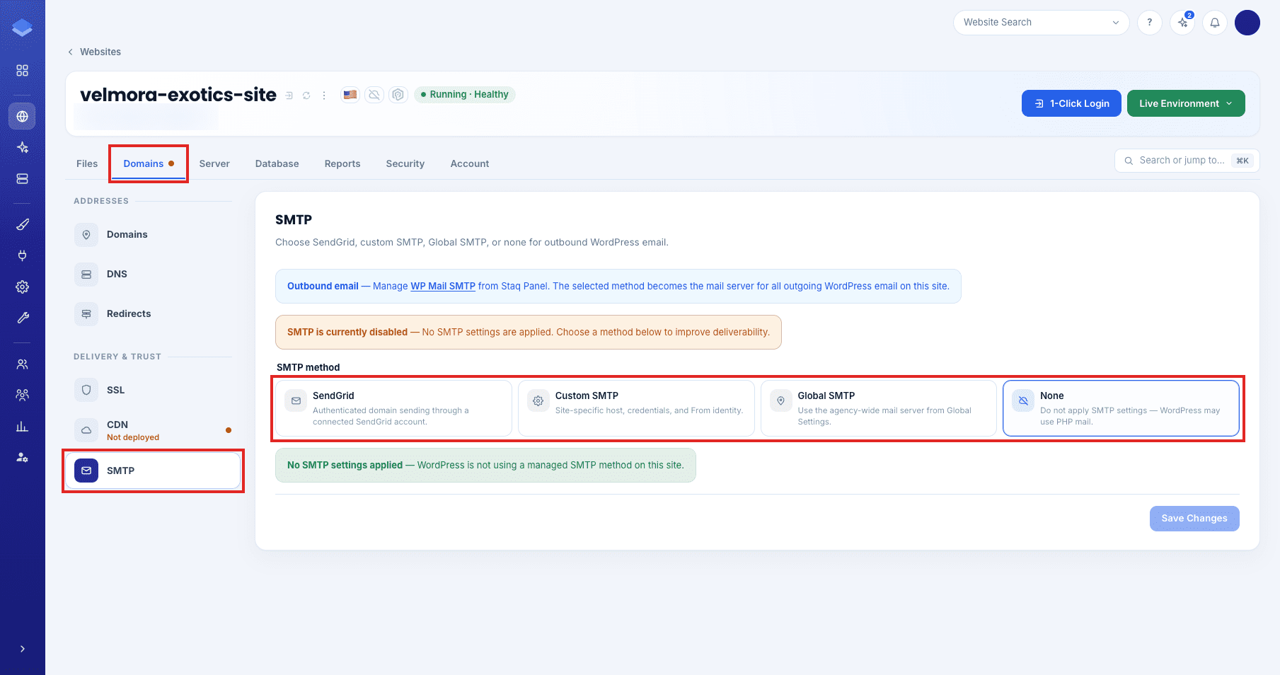 SMTP method choices for one website