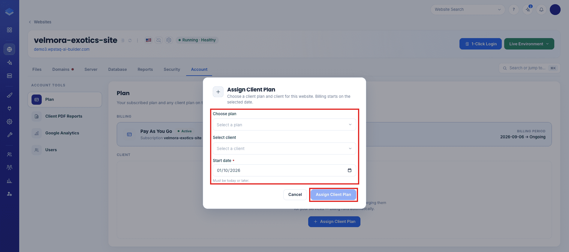 Choose plan, Select client, and Start date on Assign Client Plan